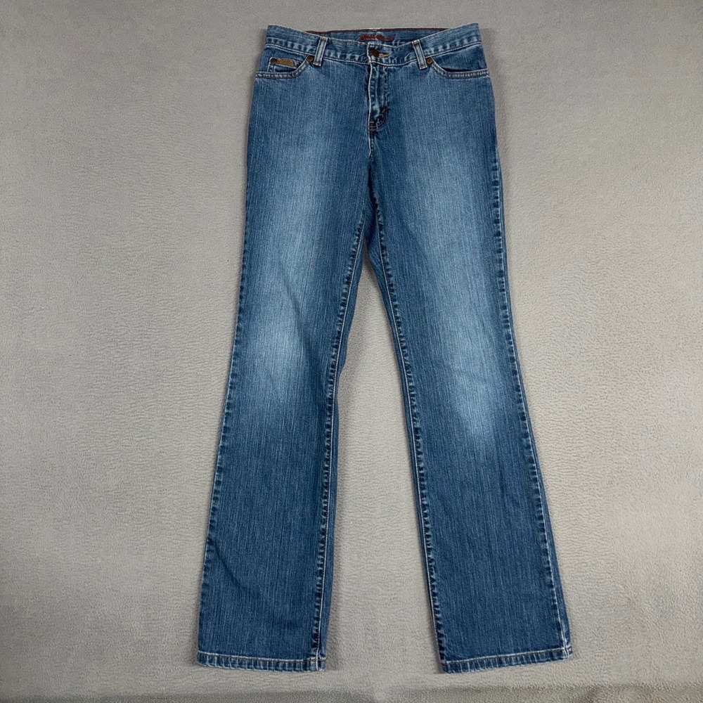 Eddie Bauer Jeans Womens 6 Long Blue Classic Straight Stretch Distressed Denim